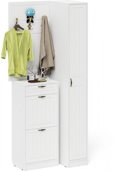 Прихожая П-6 Компоновка № 44, белая шагрень/фасады МДФ белое дерево фрезеровка прованс