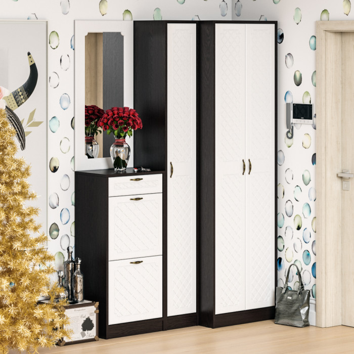 Прихожая П-6 Тумба для обуви 2 секции, цвет венге/фасады МДФ белое дерево фрезеровка ромб, ШхГхВ 50х35х108,3 см.