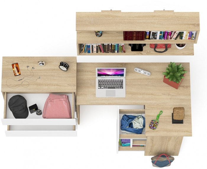 Мори компьютерный стол МС-16 правый + Комод МК800.4 + Полка 1200, дуб сонома/белый