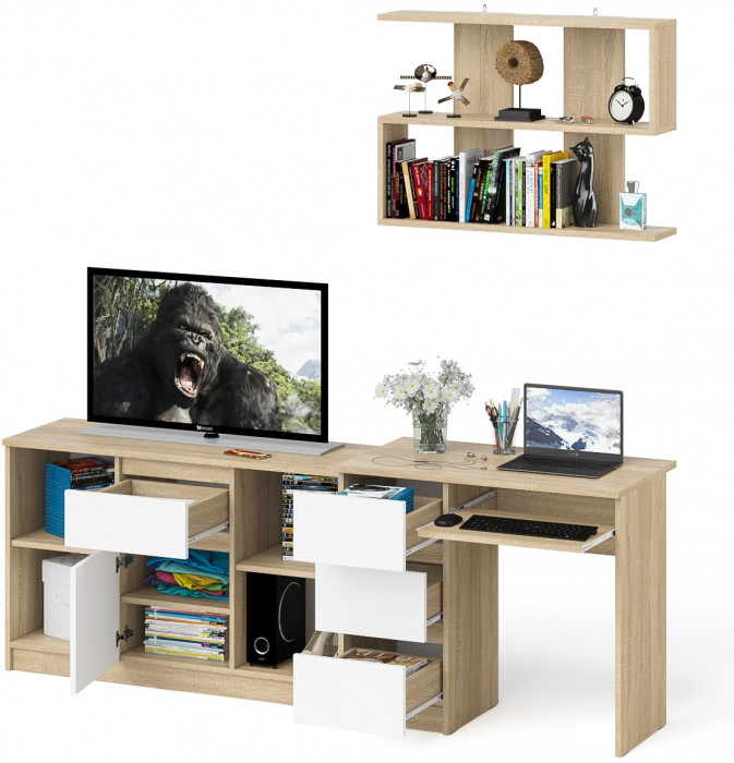 Мори компьютерный стол МС-6 левый + Тумба МТВ1204.1 + Полка 900, дуб сонома/белый