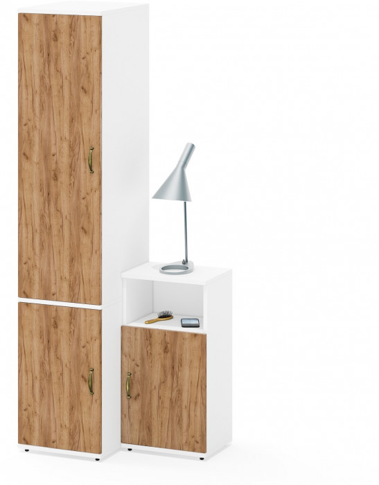 Лидер-8 Пенал МД 23Б + Тумба МД 3.19, цвет белый шагрень/крафт золото, ШхГхВ 80х50х190 см., универсальная сборка