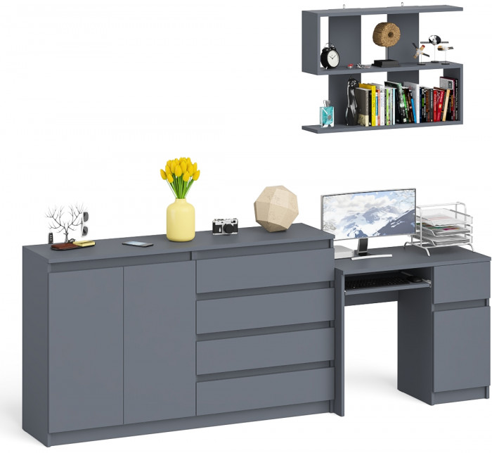 Мори Стол компьютерный МС-1 правый + Комод МК1600.1 + Полка 900, цвет графит, ШхГхВ 250,4х50х209,6 см., НЕ универсальная сборка