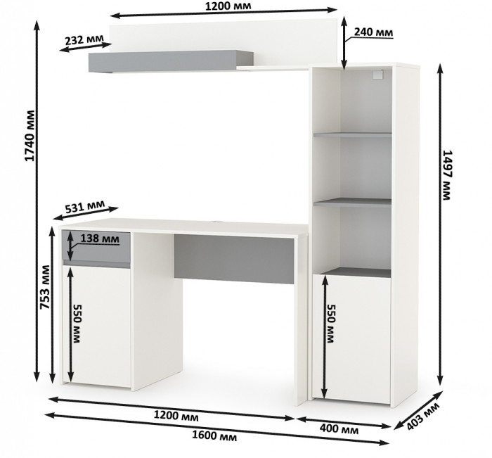 Торонто 12.149 Стол + 13.13 Шкаф комбинированный + 16.475 Полка, цвет белый шагрень/стальной серый, ШхГхВ 160х53,1х174 см., универсальная сборка