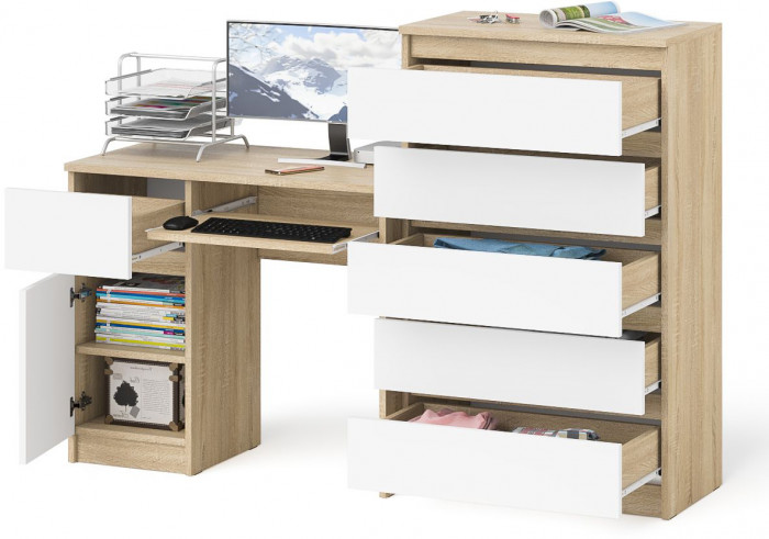 Мори компьютерный стол МС-1 левый + Комод МК700.5, дуб сонома/белый