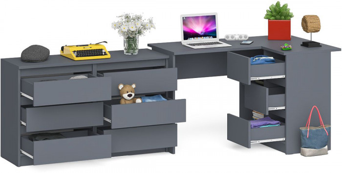Мори Стол компьютерный МС-16 правый + Комод МК1200.6, цвет графит, ШхГхВ 244,8х84,9х76,6 см., выдвижные ящики справа, НЕ универсальная сборка