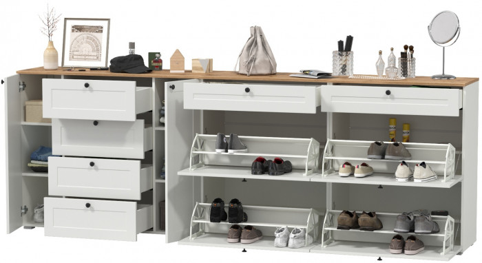 Остин 16.221 Комод + 16.121 Тумба для обуви + 16.121 Тумба для обуви, цвет белый шагрень/дуб крафт золотой, ШхГхВ 280х41,9х99,3 см., ун. сборка