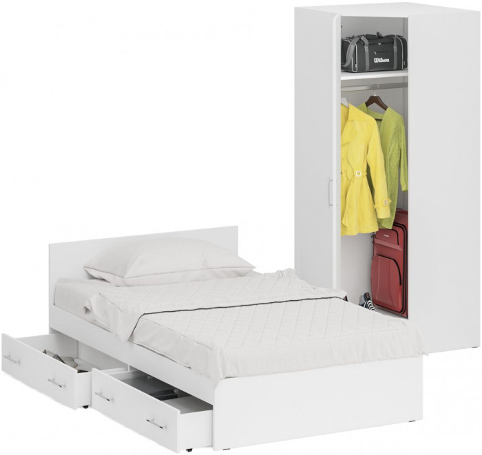 Кровать с ящиками 1200 + Шкаф угловой Стандарт, цвет белый, ШхГхВ 123,5х203,5х70 + 81,2х81,2х200 см., сп.м. 1200х2000 мм., без матраса, основание есть