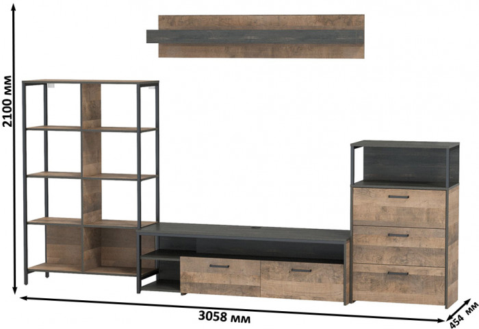 Трувор Гостиная 085, цвет дуб гранж песочный/интра, ШхГхВ 305,8х45,4х210 см., универсальная сборка