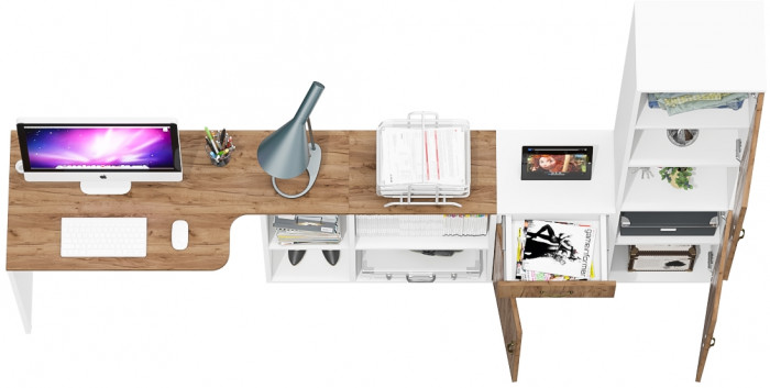 Лидер-8 Стол + Тумба МД 3.15 + Пенал, цвет белый шагрень/крафт золото, ШхГхВ 245х50/30х75/190 см. или 115х50/160х75/190 см., НЕ универсальная сборка