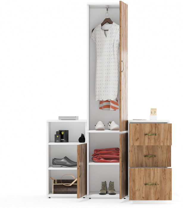 Лидер-8 Пенал МД 21Б + Тумба МД 3.16 + Тумба МД 3.19, цвет белый шагрень/крафт золото, ШхГхВ 120х50х190 см., универсальная сборка