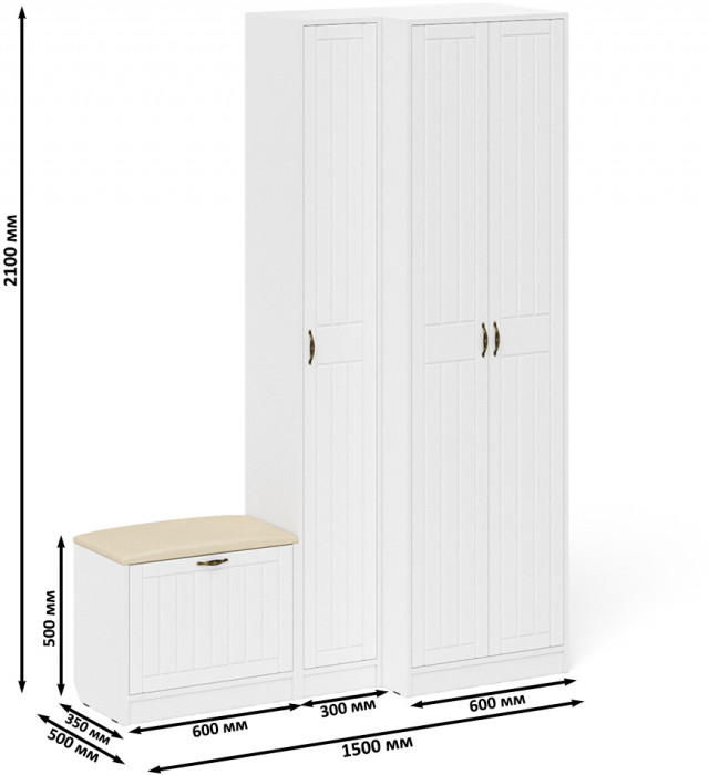 Прихожая П-6 Компоновка № 25, цвет белая шагрень/фасады МДФ белое дерево фрезеровка прованс, ШхГхВ 150х50х210 см., универсальная сборка