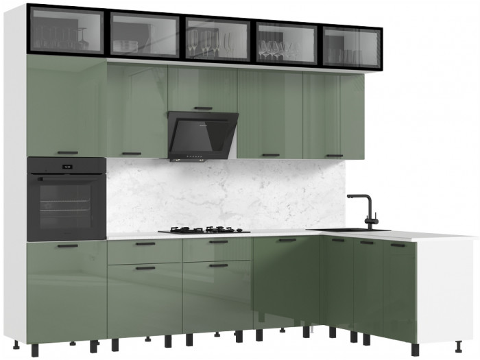 Кухня Техно 3,0х1,8/1080м Компоновка №8, Белый/Олива глянец