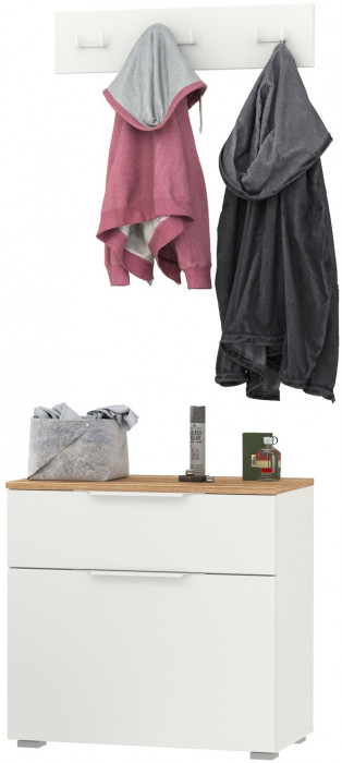 Октава 16.127 Тумба для обуви + 15.14.02 Вешалка, цвет белый шагрень/дуб крафт золотой/фасады МДФ белый шагрень, ШхГхВ 64,9х35,4х180 см.