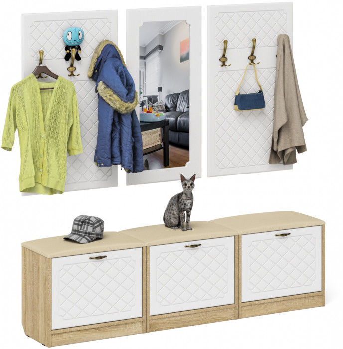 Прихожая П-6 Компоновка № 03, цвет дуб сонома/фасады МДФ белое дерево фрезеровка ромб, ШхГхВ 180х35х200 см., универсальная сборка