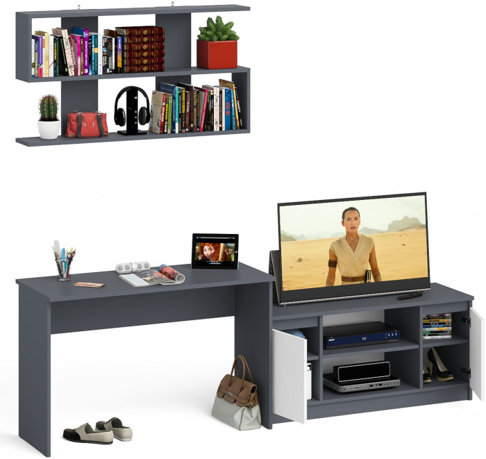 Мори письменный стол МСП1200.1 + Тумба МТВ1200.1 + Полка 1200, графит/белый