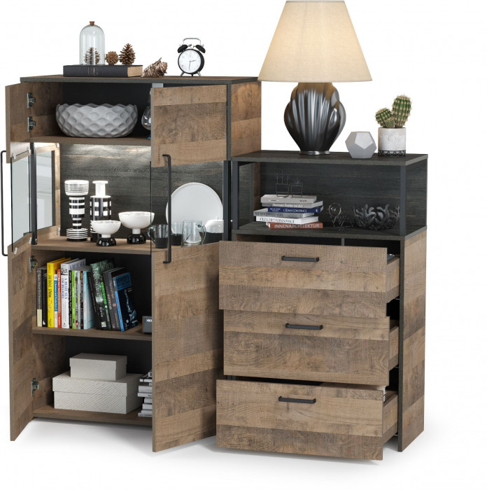 Трувор 13.306 Комод с витриной + 13.307.02 Комод с ящиками, цвет дуб гранж песочный/интра, ШхГхВ 151,8х37х135,3 см., универсальная сборка