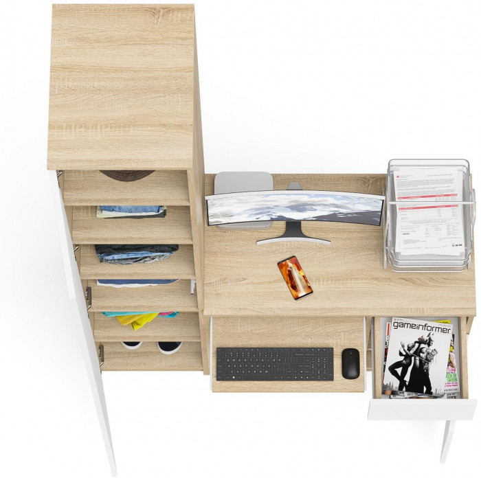 Мори компьютерный стол МС-1 правый + Пенал МШ400.1, дуб сонома/белый