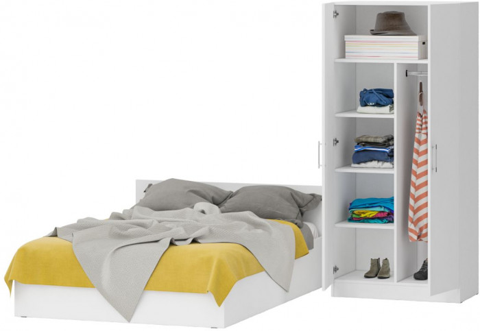 Кровать 1400 + Шкаф 2-х створчатый Стандарт, цвет белый, ШхГхВ 143,5х203,5х70 + 90х52х200 см., сп.м. 1400х2000 мм., без матраса, основание есть