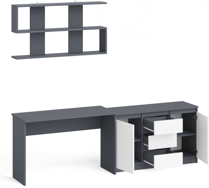 Мори письменный стол МСП1200.1 + Комод МК1200.3 + Полка 1200, графит/белый