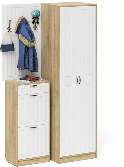 Прихожая П-6 Компоновка № 18, дуб сонома/фасады МДФ белое дерево фрезеровка прованс