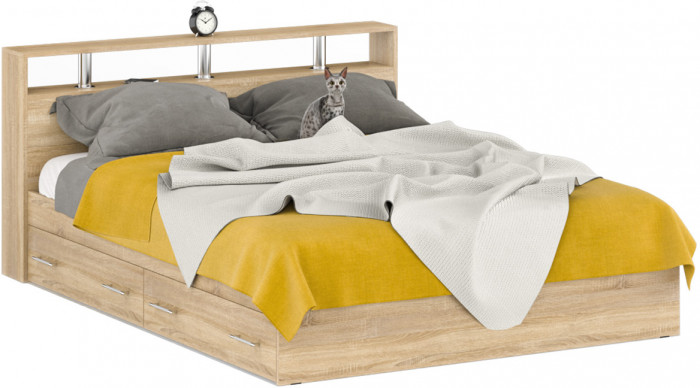 Камелия спальня № 10 Кровать с ящиками 1600 + Две тумбы + Стол косм. + Зеркало + Комод + Шкаф, дуб сонома