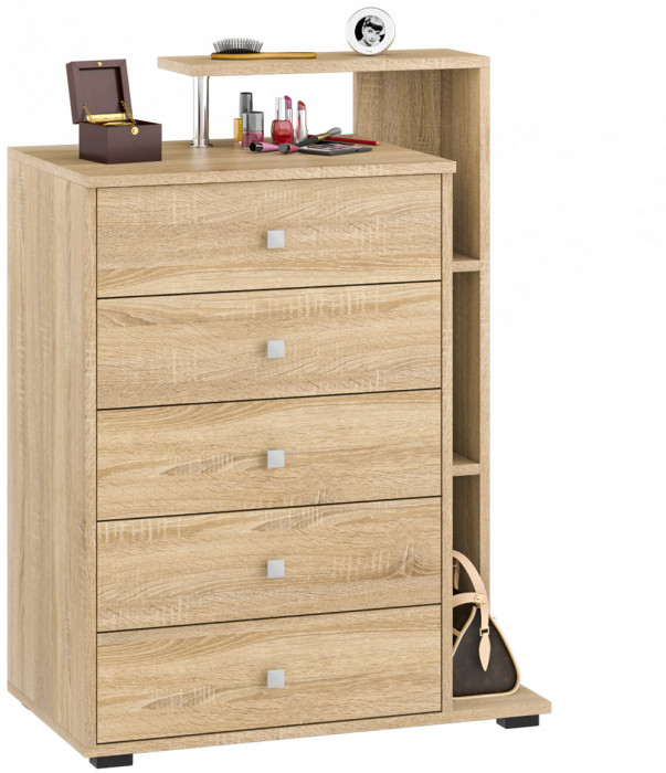 Камелия спальня № 10 Кровать с ящиками 1600 + Две тумбы + Стол косм. + Зеркало + Комод + Шкаф, дуб сонома