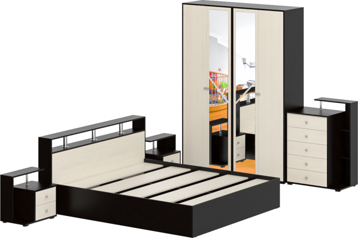 Камелия спальня № 4 Кровать 1800 + Две тумбы + Комод + Шкаф 4-х створчатый, цвет венге/дуб лоредо, сп.м. 1800х2000 мм., б/м, основание есть