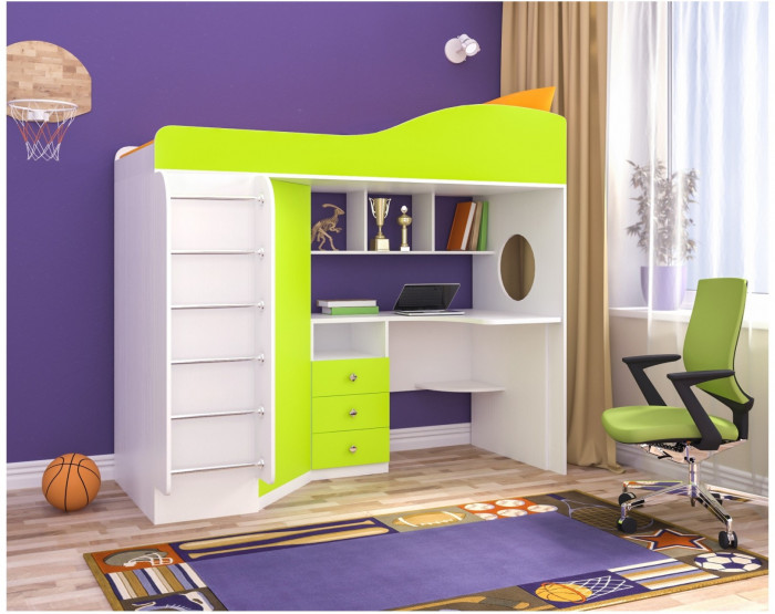 Кровать-чердак Кадет 1 с металлической лестницей (Белое дерево/Голубой)