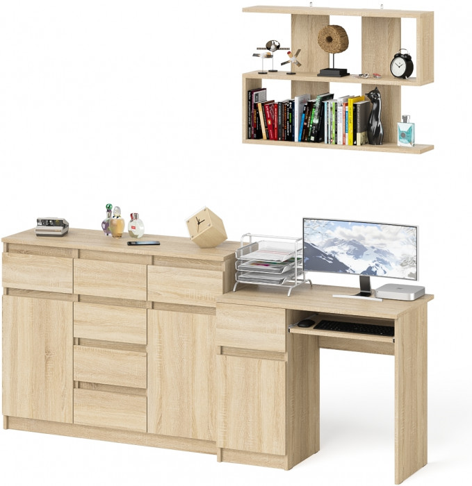 Мори Стол компьютерный МС-1 левый + Комод МК1200.4 + Полка 900, цвет дуб сонома, ШхГхВ 210,4х50х209,6 см., НЕ универсальная сборка