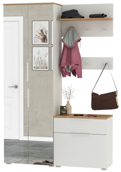 Октава Прихожая 12, цвет белый шагрень/дуб крафт золотой/фасады МДФ белый шагрень, ШхГхВ 129,3х35,4х197,6 см., универсальная сборка