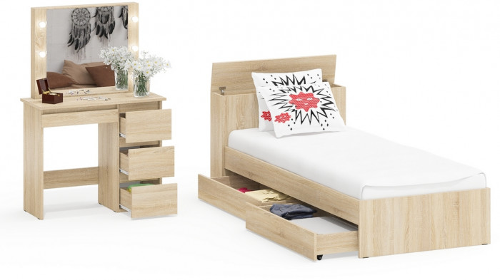 Ксения Кровать с ящиками 0900 + Стол косметический с подсветкой Сура, дуб сонома