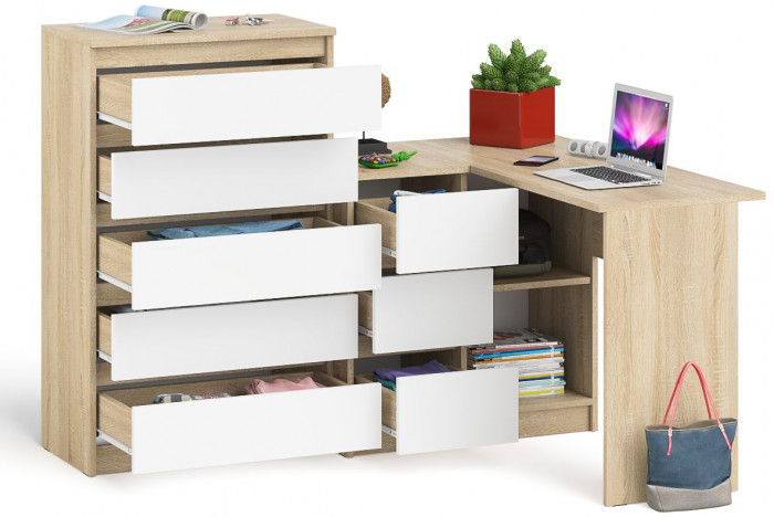 Мори Стол компьютерный МС-16 левый + Комод МК700.5, цвет дуб сонома/белый, ШхГхВ 194,8х84,9х114 см., выдвижные ящики слев, НЕ универсальная сборкаа