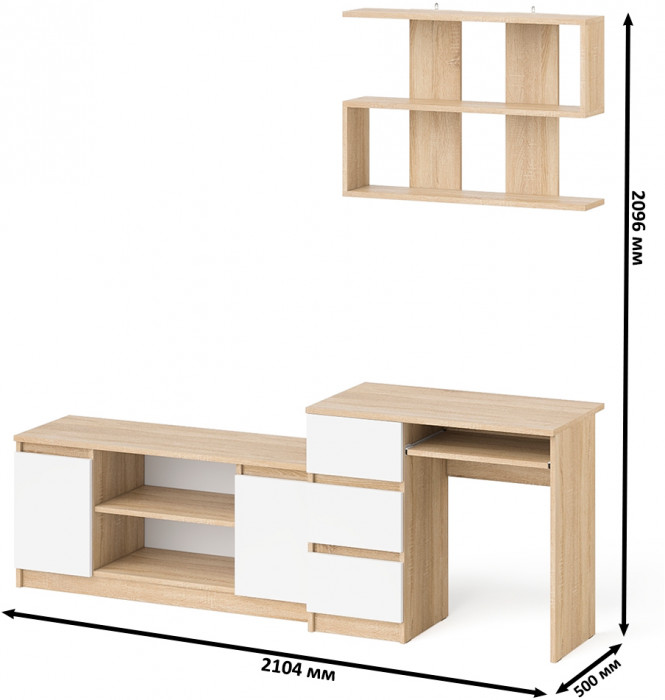 Мори Стол компьютерный МС-6 левый + Тумба МТВ1200.1 + Полка 900, цвет дуб сонома/белый, ШхГхВ 210,4х50х209,6 см., НЕ универсальная сборка