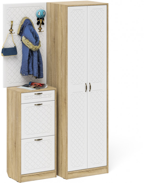 Прихожая П-6 Компоновка № 18, дуб сонома/фасады МДФ белое дерево фрезеровка ромб