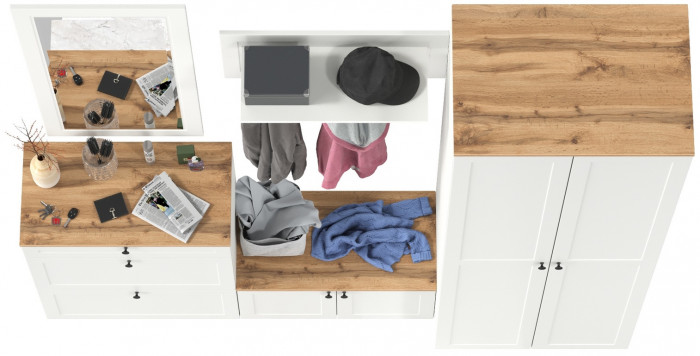 Остин Прихожая 47, цвет белый шагрень/дуб крафт золотой, ШхГхВ 240х54,3х229,6 см., универсальная сборка