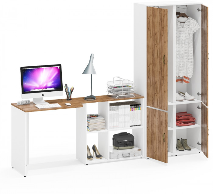 Лидер-8 Стол + Пенал МД 21Б + Пенал МД 21Б, цвет белый шагрень/крафт золото, ШхГхВ 245х50/37,5х75/190 или 115х160/50х75/190 см., НЕ ун. сборка