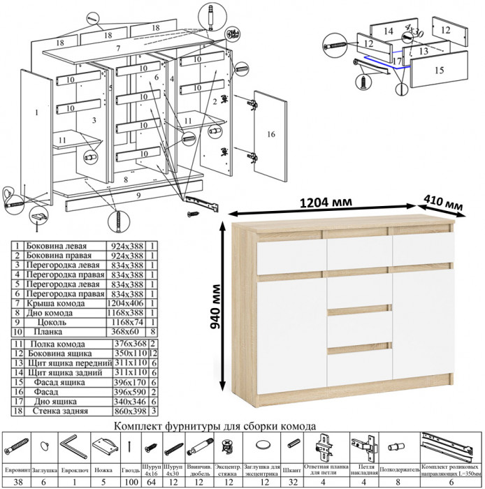 Мори Комод МК1200.4, цвет дуб сонома/белый, ШхГхВ 120,4х41х94 см.