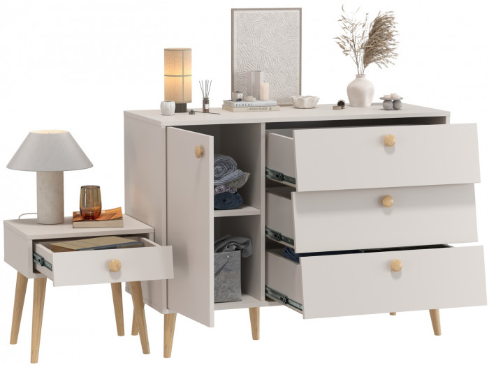 Афина Спальня Комод с дверкой и тремя ящиками + Тумба прикроватная, кашемир серый