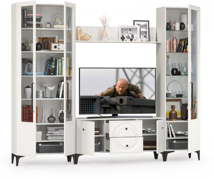 Валенсия Гостиная № 060, цвет ЛДСП белый шагрень/МДФ белый шагрень, ШхГхВ 272,2х38,3х225,2 см., ниша для ТВ 133х38х117 см., универсальная сборка