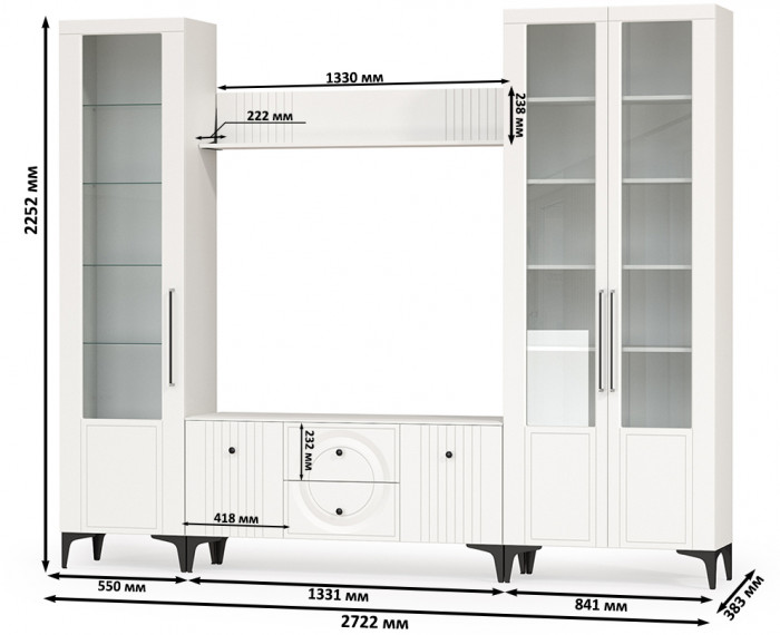 Валенсия Гостиная № 060, цвет ЛДСП белый шагрень/МДФ белый шагрень, ШхГхВ 272,2х38,3х225,2 см., ниша для ТВ 133х38х117 см., универсальная сборка