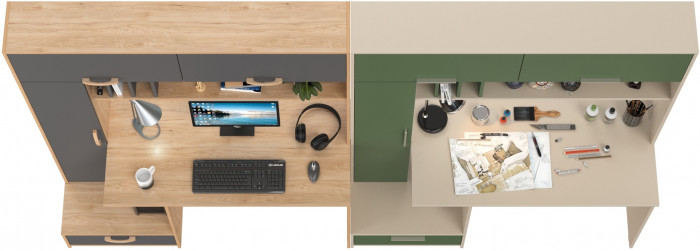 Два Стола письменных Лайт 03.243Н, цвет гикори рокфорд натуральный/тёмно-серый/сатин/дымчатый зелёный, ШхГхВ 300,4х57,3х179,9 см., НЕ универс. сборка
