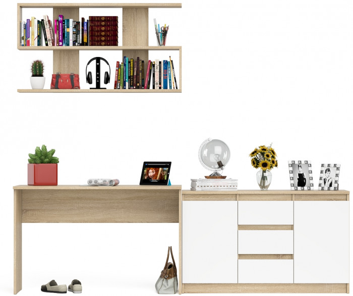 Мори письменный стол МСП1200.1 + Комод МК1200.3 + Полка 1200, дуб сонома/белый