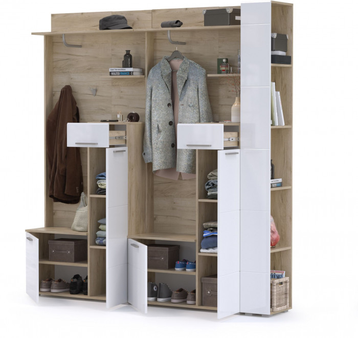 Лайн Прихожая № 07, дуб крафт серый/фасады МДФ белый глянец