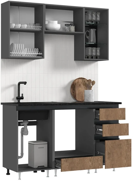 Кухня Техно-6 1,5м Графит/Экзотическое дерево Амазония/Графит софт