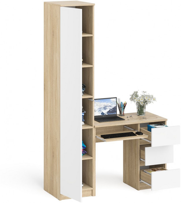 Мори компьютерный стол МС-6 правый + Пенал МШ400.1, дуб сонома/белый