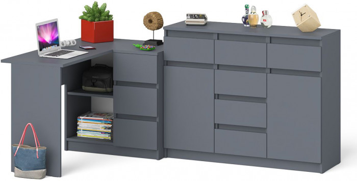 Мори Стол компьютерный МС-16 правый + Комод МК1200.4, цвет графит, ШхГхВ 244,8х84,9х94 см., выдвижные ящики справа, НЕ универсальная сборка