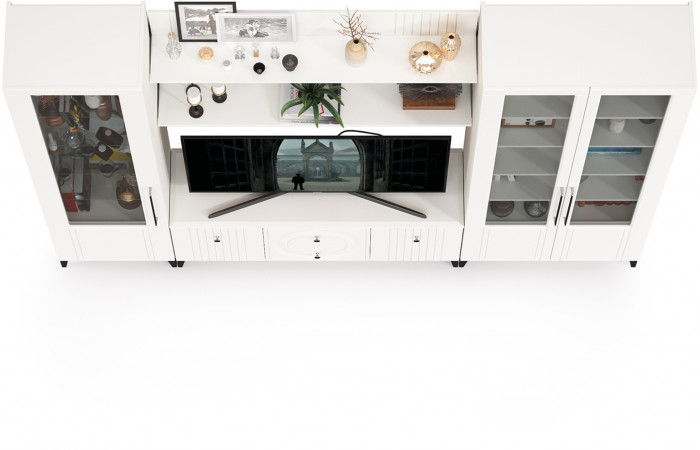 Валенсия Гостиная № 061, цвет ЛДСП белый шагрень/МДФ белый шагрень, ШхГхВ 272,2х38,3х225,2 см., ниша для ТВ 133х38х117 см., универсальная сборка