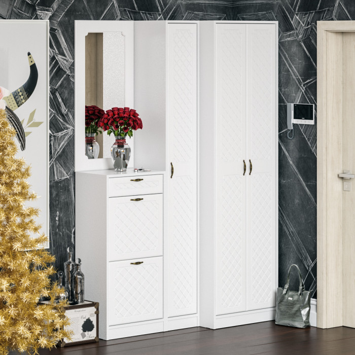 Прихожая П-6-350 Пенал, цвет белая шагрень/фасады МДФ белое дерево фрезеровка ромб, ШхГхВ 30х35х210 см., универсальная сборка
