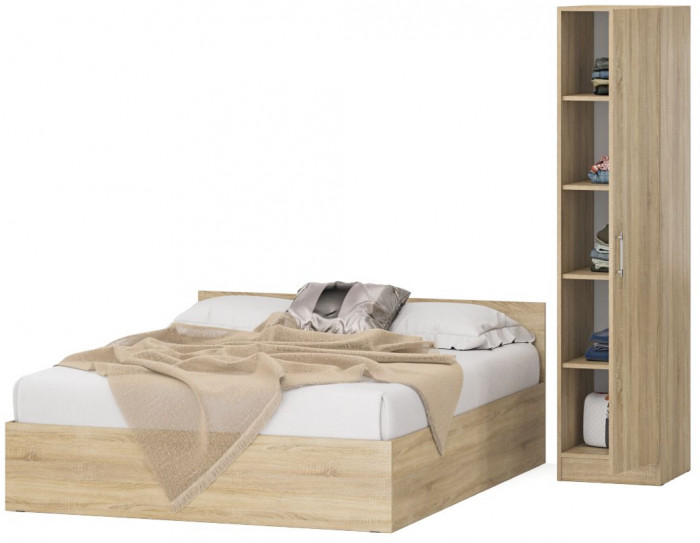 Кровать 1600 + Пенал Стандарт, цвет дуб сонома, ШхГхВ 163,5х203,5х70 + 45х52х200 см., сп.м. 1600х2000 мм., без матраса, основание есть