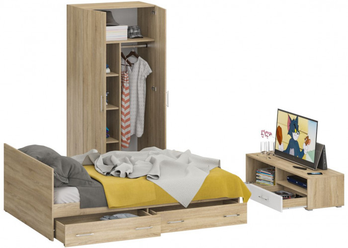 Спальня Стандарт 3-1400Я, дуб сонома/фасады ТВ тумбы МДФ белый глянец